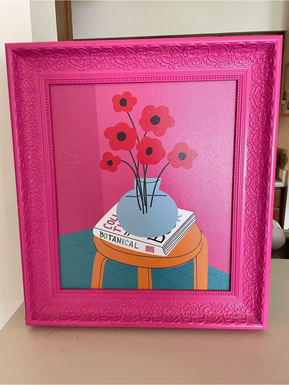 Maximalist Flower Vase Botanical Book Hot Pink Decor Picture Frame Wall Art